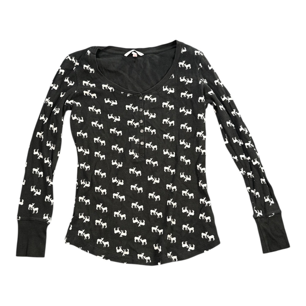 Victorias Secret‎ Black White Reindeer Thermal Long Sleeve Henley Top Womens S
